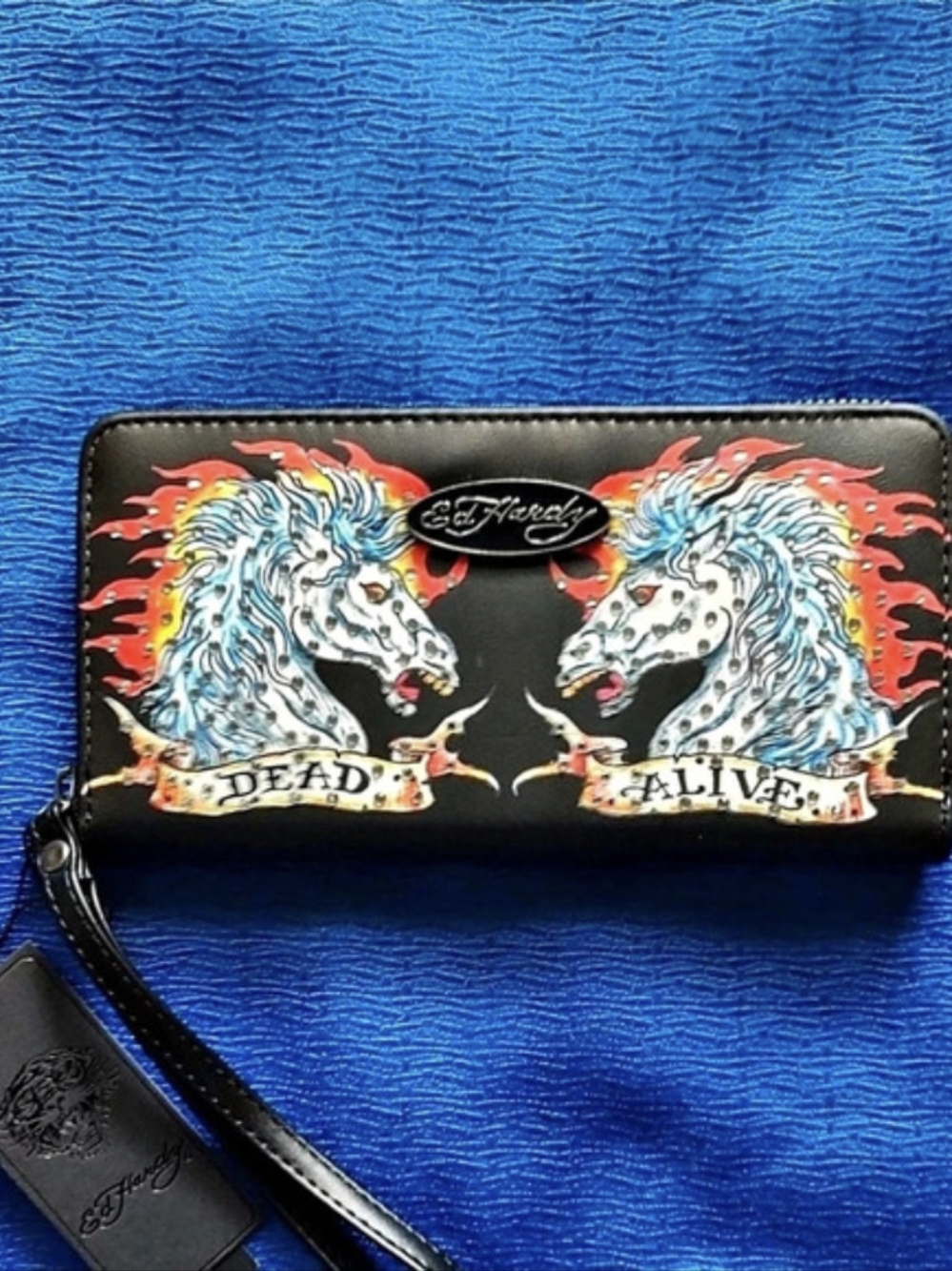 Ed Hardy Dead Or Alive White Horse Tattoo Print Faux Leather Rhinestone Wallet!